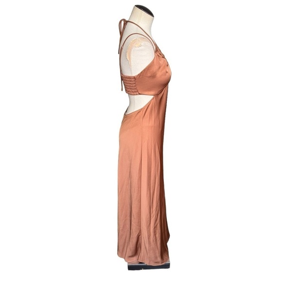 A.L.C. Sienna Cut Out Shirred Satin Midi Dress in Rawhide Brown Size:6 - Picture 8 of 14